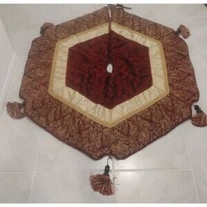 Beautiful Burgundy & Gold Victorian Christmas Tree Skirt W Tassels 52"